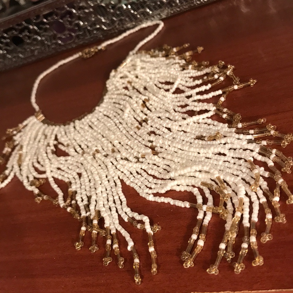Handmade White/Gold Beaded Tassel Choker Necklace